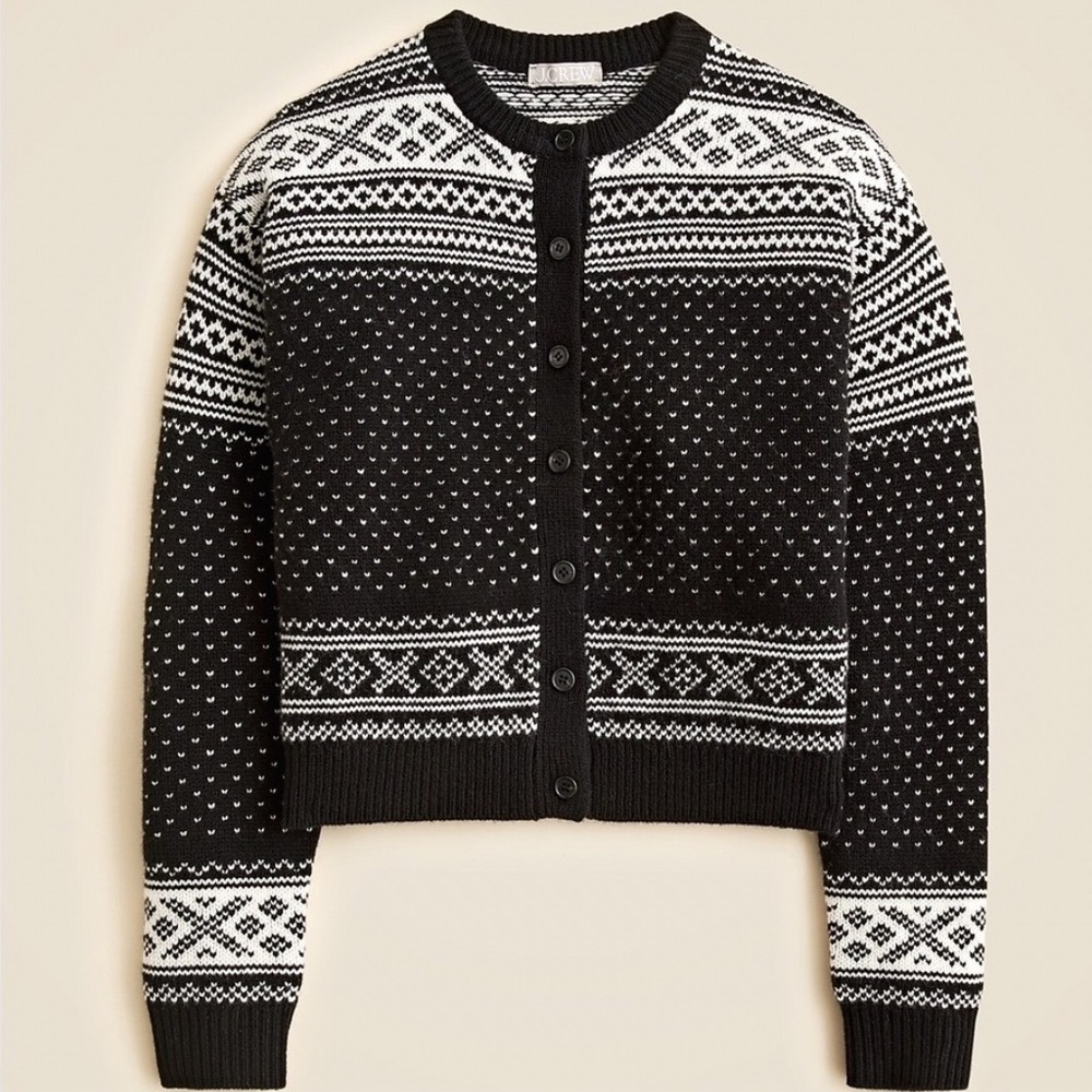 J.Crew Fair Isle Cardigan Sweater Black White Lambswool CO603 Womens Medium
